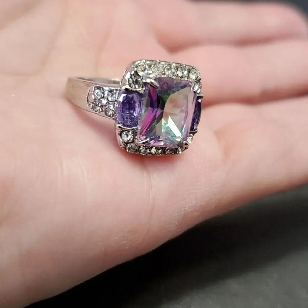 Silver tone rainbow rhinestone ring